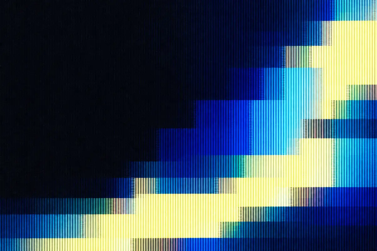 01 / Cobalt & citron: an abstract field of stepped colour blocks and fine vertical scanlines