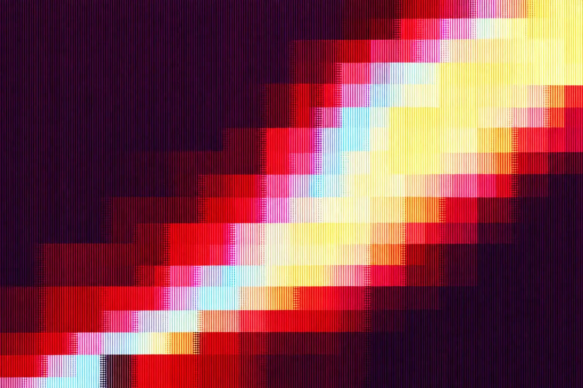 02 / Vermilion & plum: an abstract field of stepped colour blocks and fine vertical scanlines