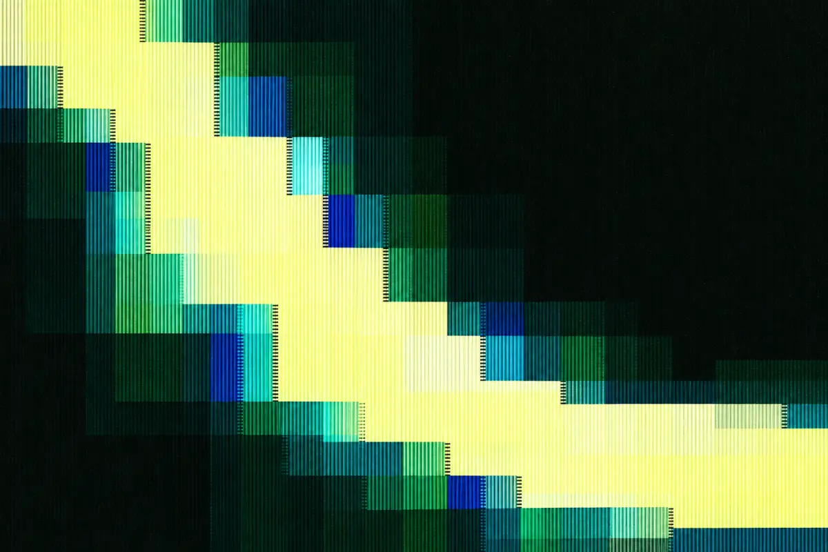 03 / Forest & acid: an abstract field of stepped colour blocks and fine vertical scanlines